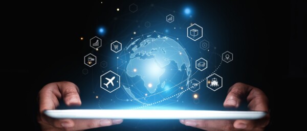 Hand of businessman showing global logistics network on tablet,
