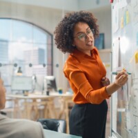 Businesswoman leads meeting with whiteboard