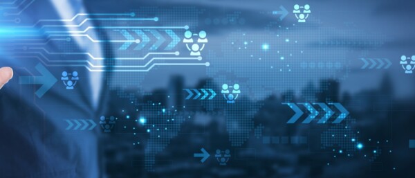 Hand touching global network connection on human resources