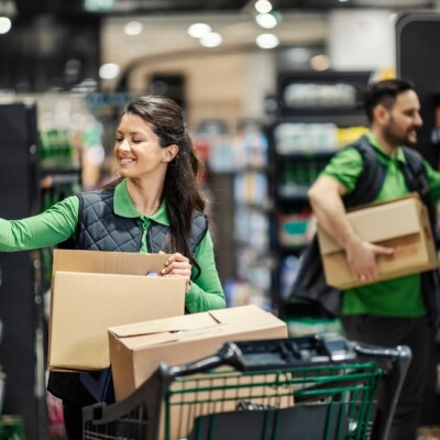 Retail employees putting products on shelves in supermarket