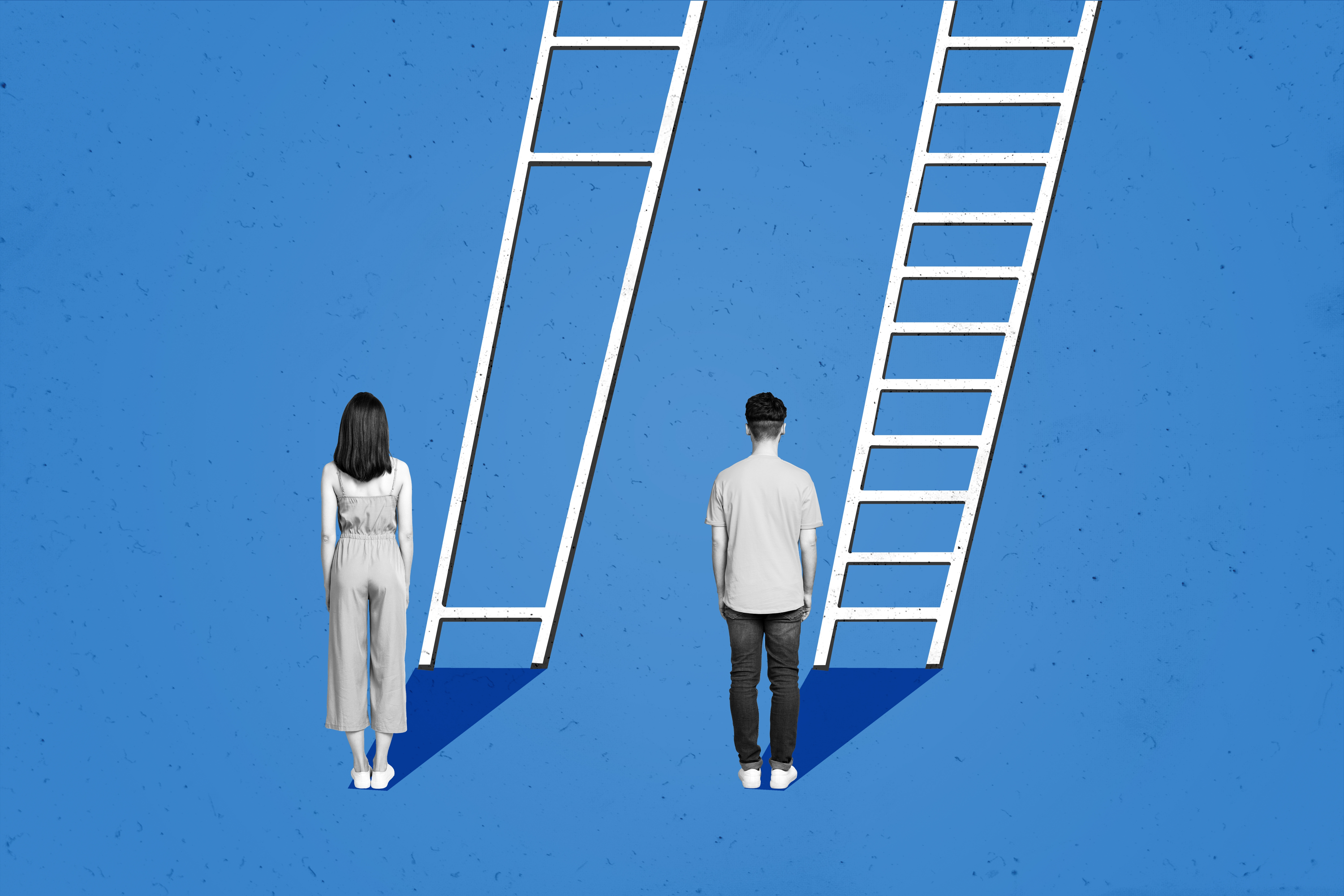 Illustration showing two young people stood at the bottom of ladders. One has a normal ladder, one has a ladder without any low steps. This image illustrates skills gaps.