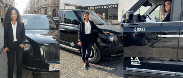 3 pictures of women pictured in or in front of a black cab