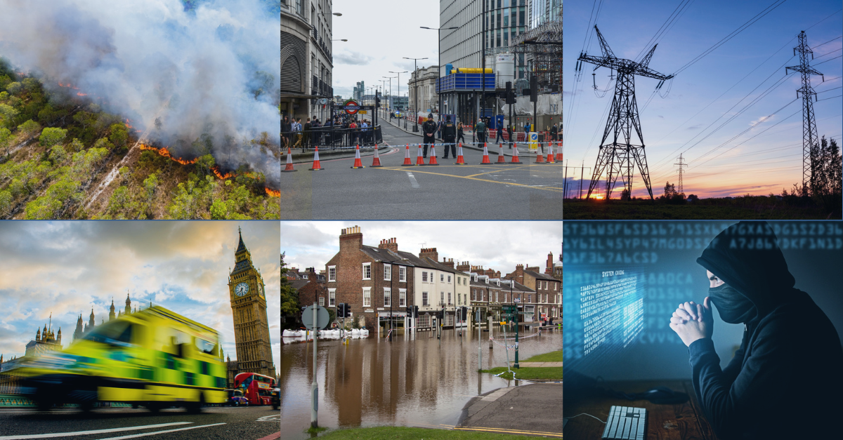 Images of fire in forrest, blocked road, energy towers, ambulance rushing in london, a blooded city, and a hacker
