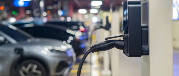 Electric cars are being charged at electric vehicle charging stations.