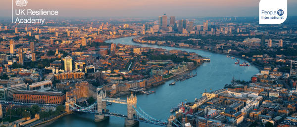 London skyline with People 1st International and UK Resilience Academy logos