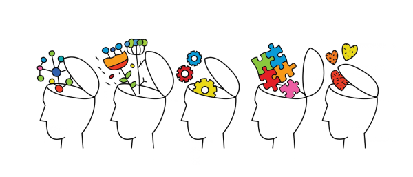 Human mind and experience diversity. Neurodiversity, autism acceptance. Differences in personality characteristics. An inclusive, understanding society. Vector illustration in colorful pop art style.
